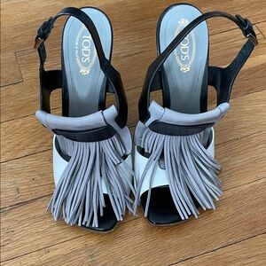 Tod's Black & White Gray Fringe Heels 36  Sz 6